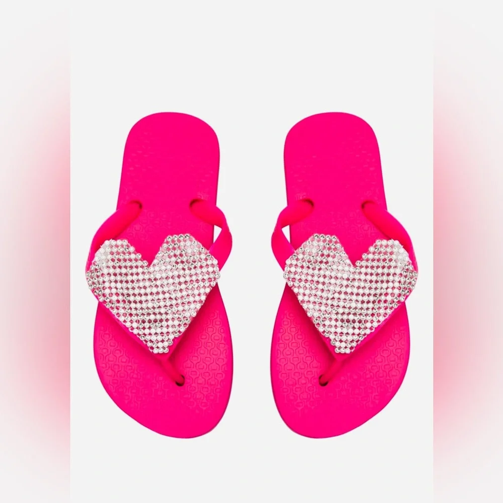 PLANET SEA, Crystal Heart Pink Flip Flop Sandals, Size 11/12
